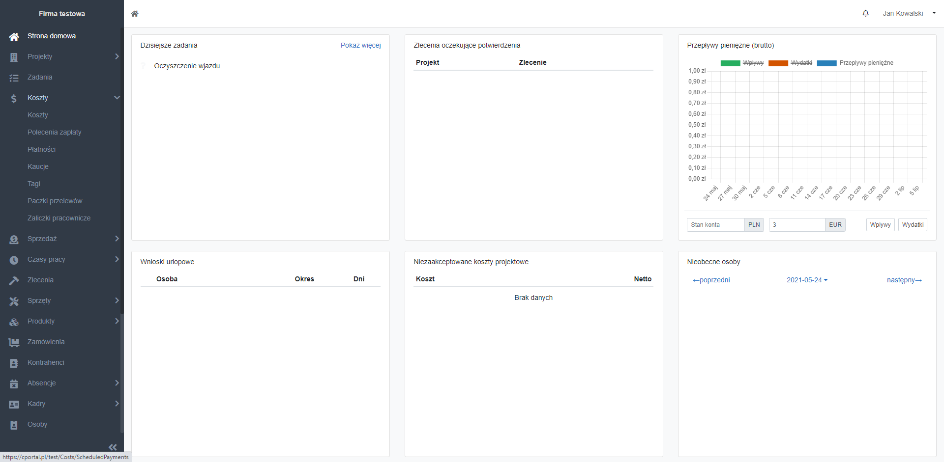 Sekcje modułu kosztów